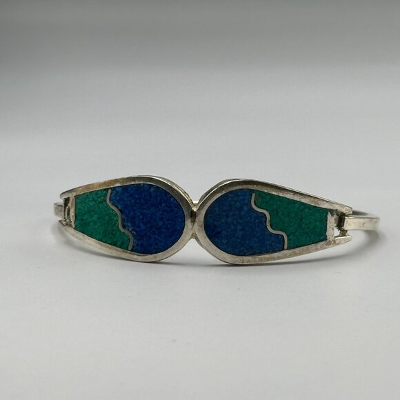 Vintage Alpaca Silver Bracelet Blue Green Inlay Geometric Hinged Cuff 7 Inch - Picture 5 of 15